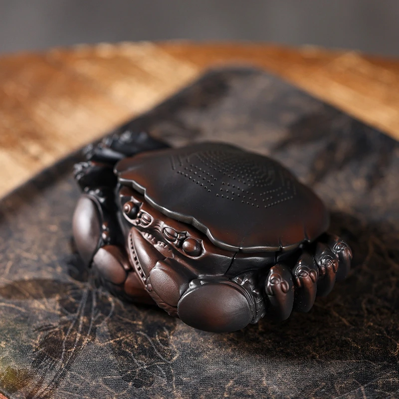 创意紫陶螃蟹过滤器陶瓷茶漏茶滤网全瓷一体茶宠摆件可养茶道零配