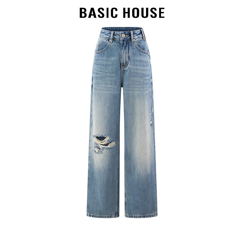 百家好/Basic House破洞直筒牛仔裤女高街时髦宽松显瘦长裤秋季款