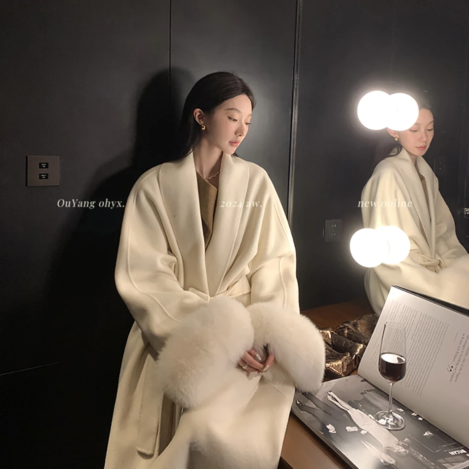 2025秋冬中长款双面绒毛呢外套女宽松仿狐狸毛法式小个子呢子大衣