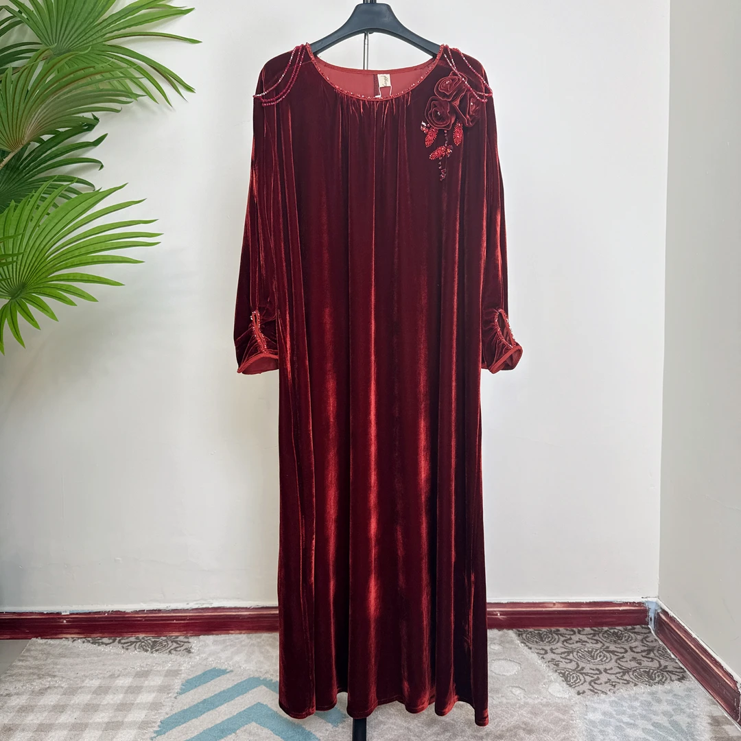 【美尔新疆包邮】新款中老年网红提花中长款圆领连衣裙