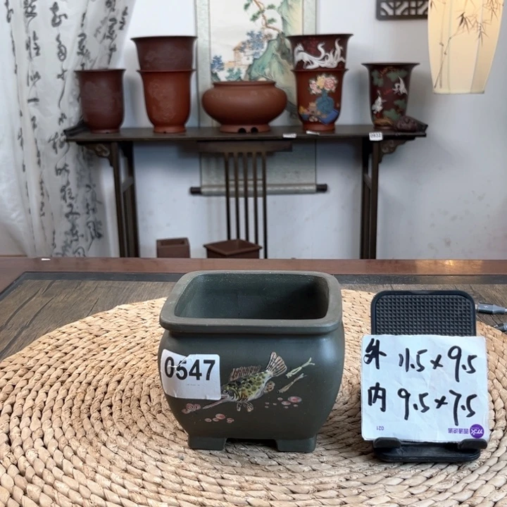 紫砂花盆福利墨绿泥彩绘束口四方0547