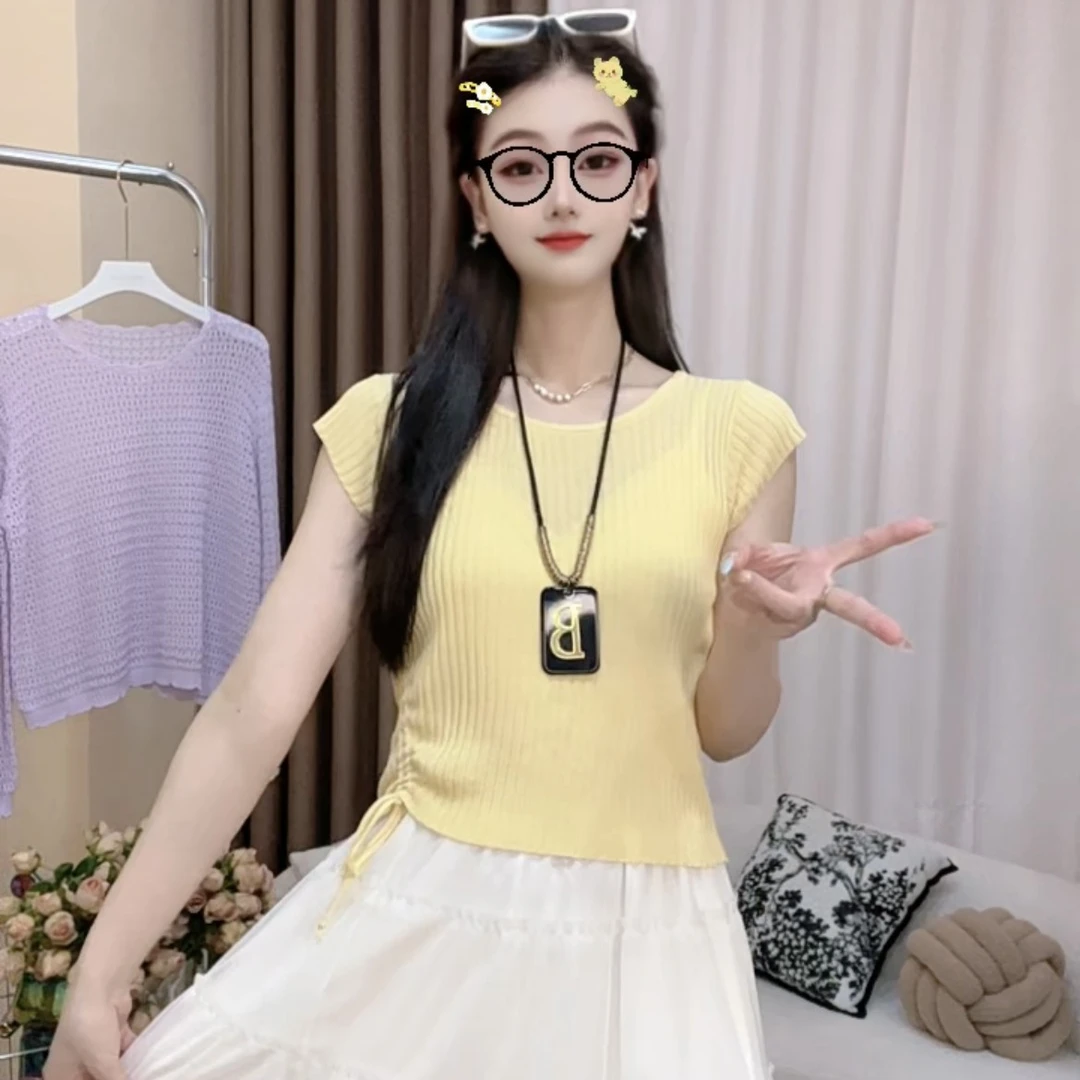 天丝亚麻2025夏季新款短袖飞飞袖洋气显瘦针织衫抽绳调节上衣