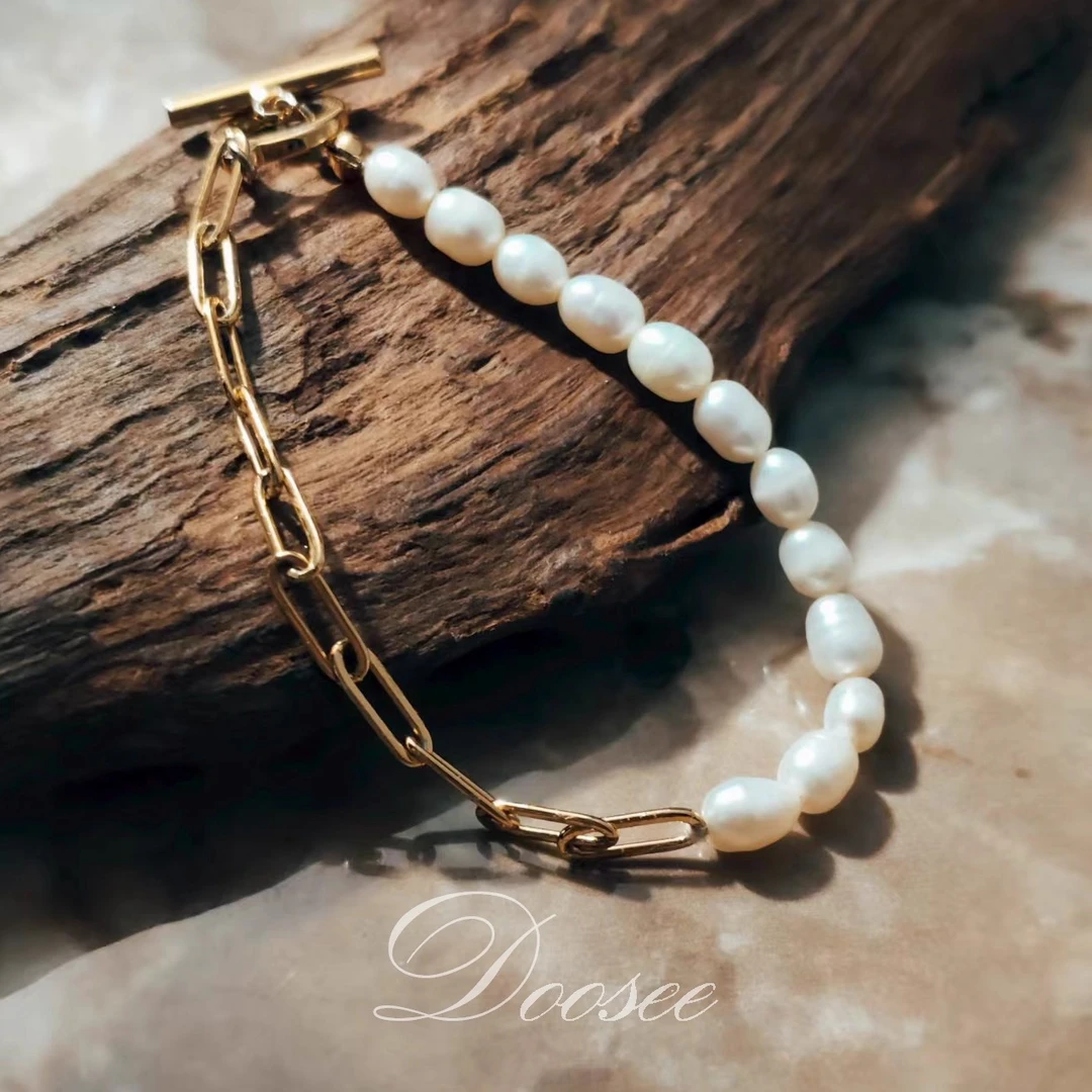 合金仿珍珠手链 清丽淡雅|法式ins优雅米粒仿珍珠金色回形针链条