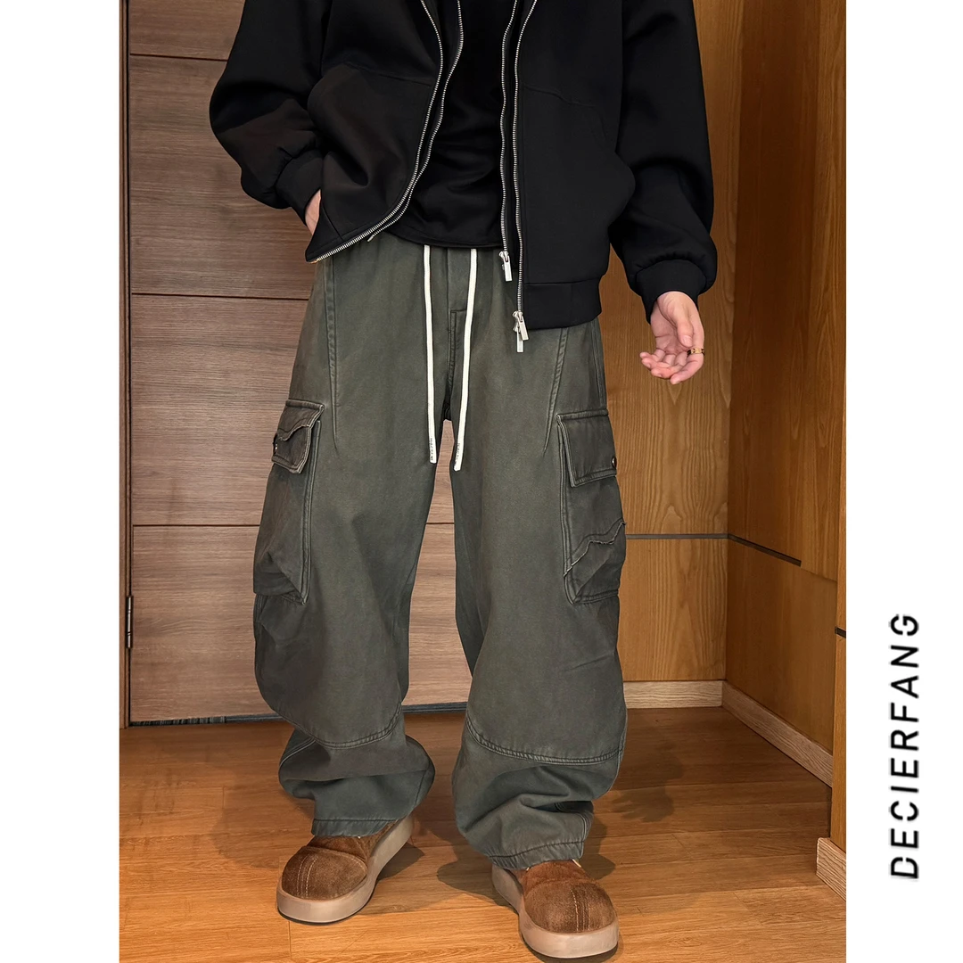 秋冬季加绒加厚男士工装裤多口袋设计机能风伞兵水洗直筒裤