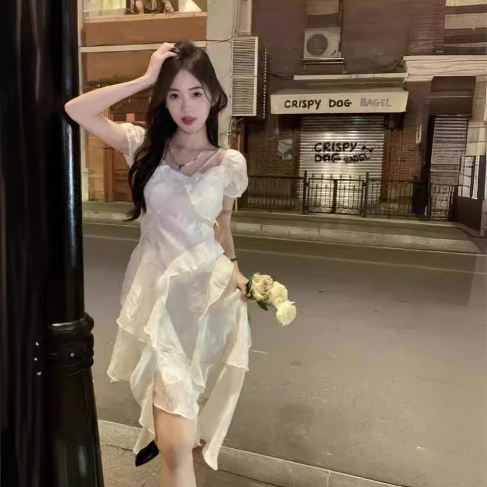 法式茶歇白月光初恋仙女裙不规则荷叶边白色公主裙连衣裙女夏