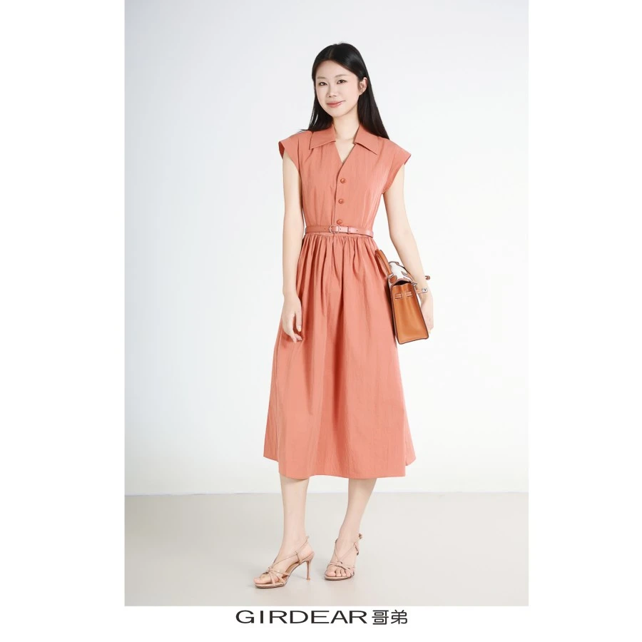 哥弟 品质女装时尚百搭高级小盖袖初恋式系腰气质连衣裙新150003