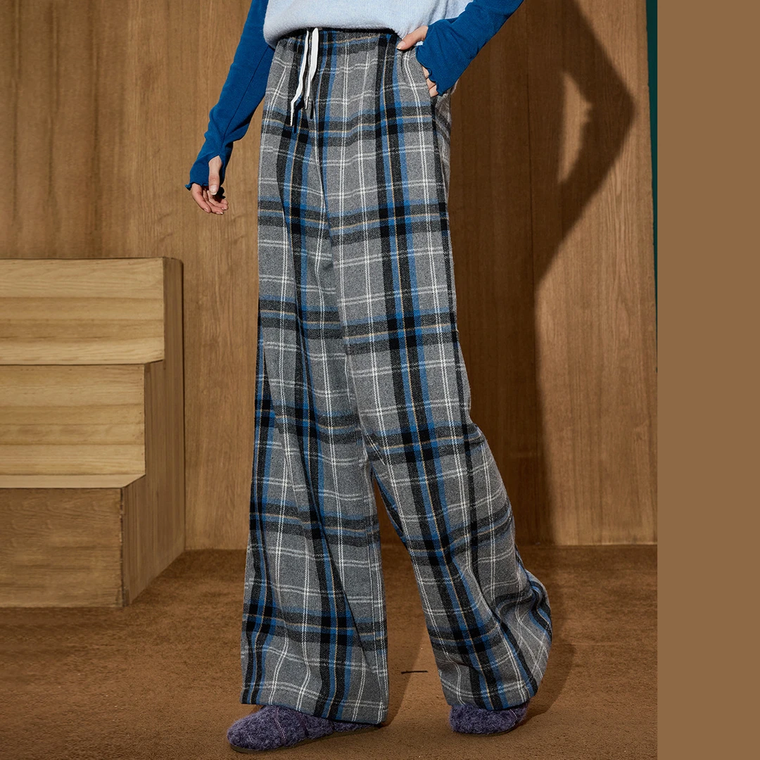 【云C专属】复古磨毛撞色格子直筒垂感高腰慵懒风休闲裤CSDP6D21