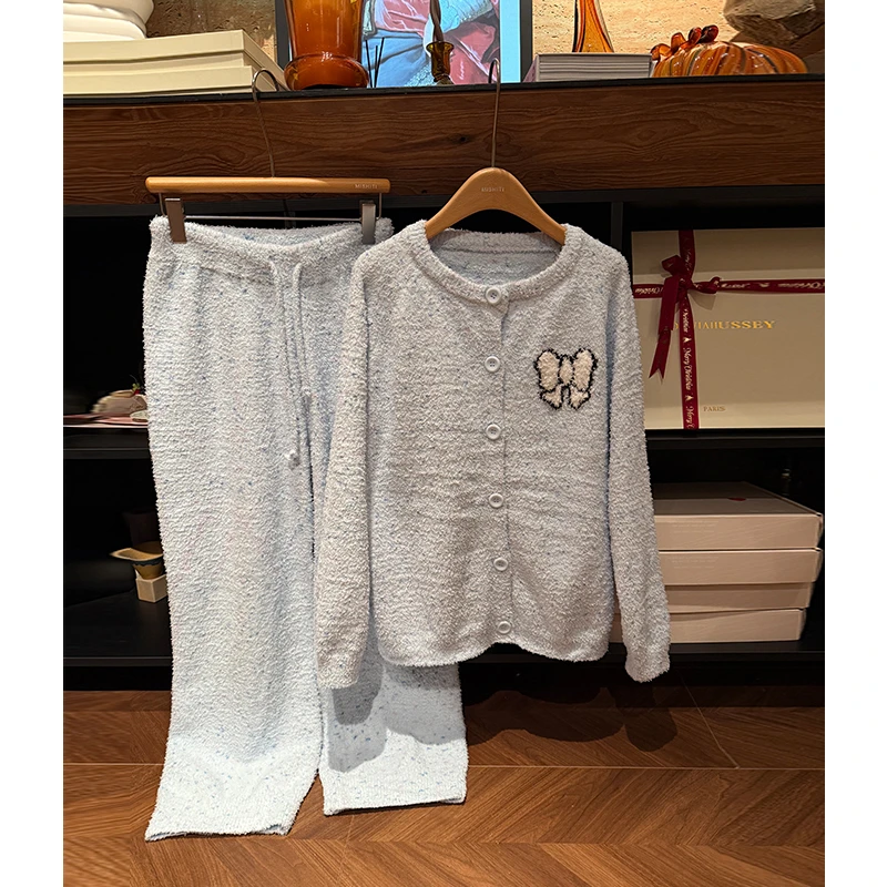 米诗缇【S5856点点白蝴蝶结蓝色】小众设计师可外穿长袖长裤家居服