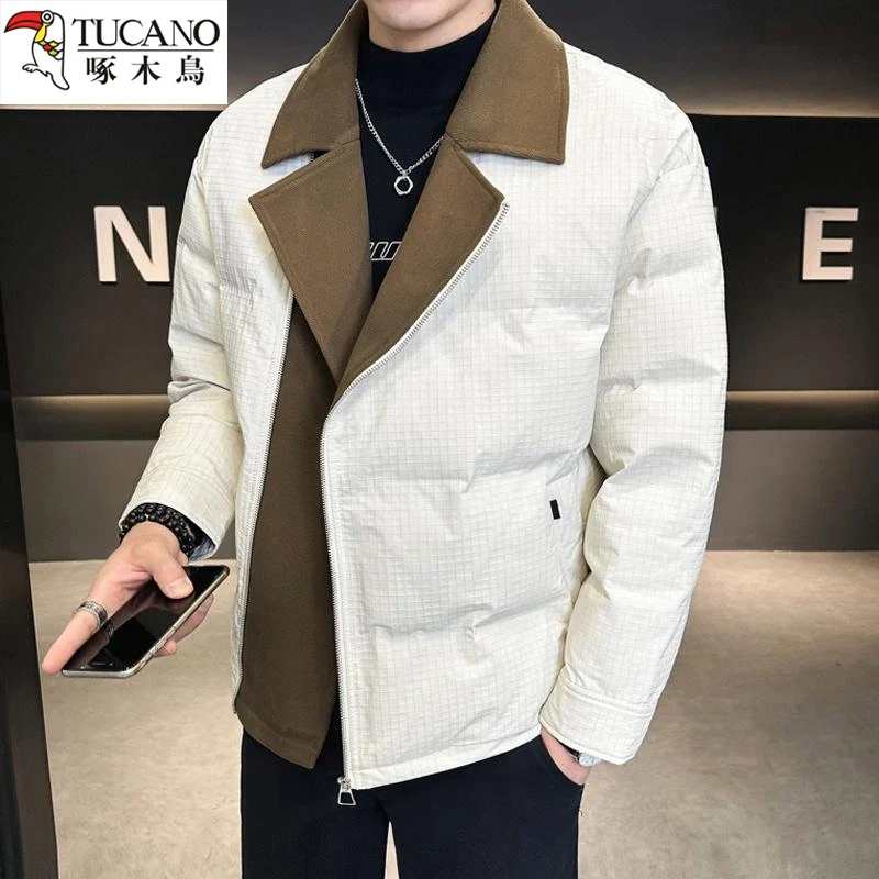 啄木鸟冬季翻领拼接撞色棉衣外套男士加厚棉袄时尚休闲百搭西装领