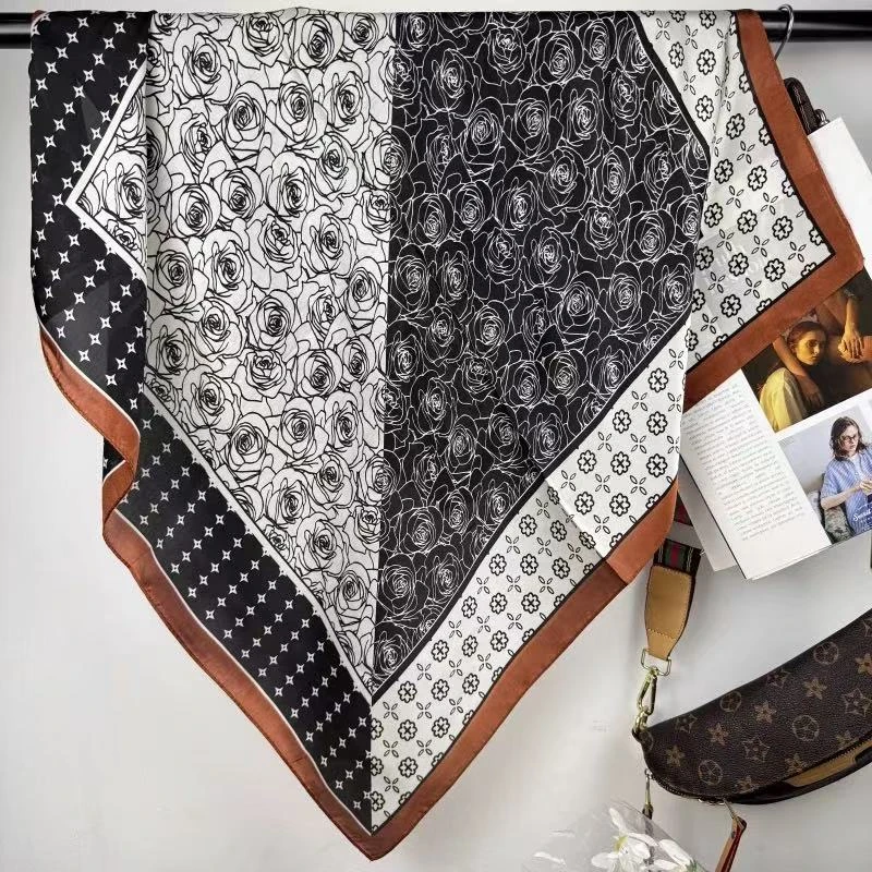 f70-4  丽景缎70*70左右气质丝巾方巾时尚 四拼咖色腰果