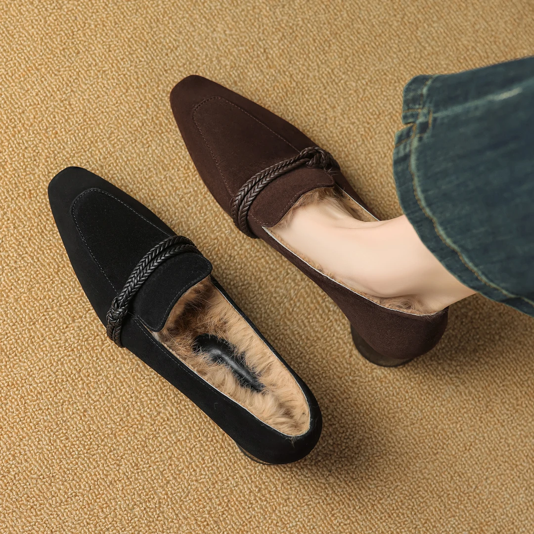 3cm秋冬保暖兔毛单鞋粗跟方头加绒乐福鞋复古百搭绒里高跟鞋真皮