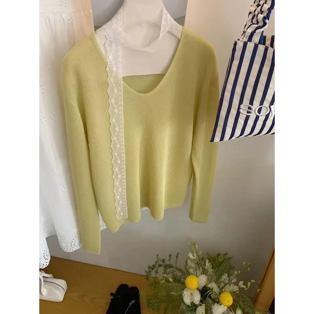 QianRH-9880春季新款百搭时尚纯色V领长袖针织衫