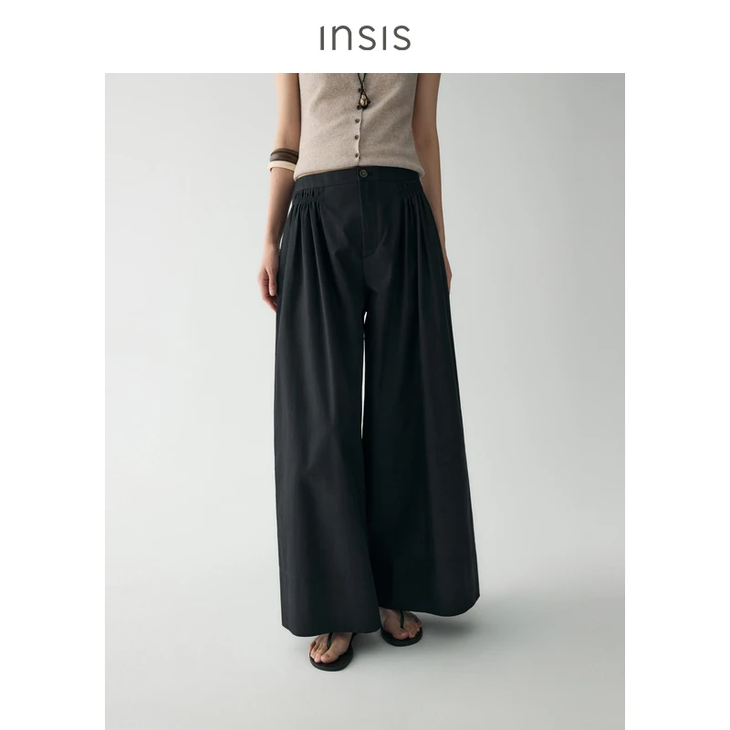 INSISFEMME棉质2025夏季新款三压线抽褶宽脚口阔腿裤休闲长裤女