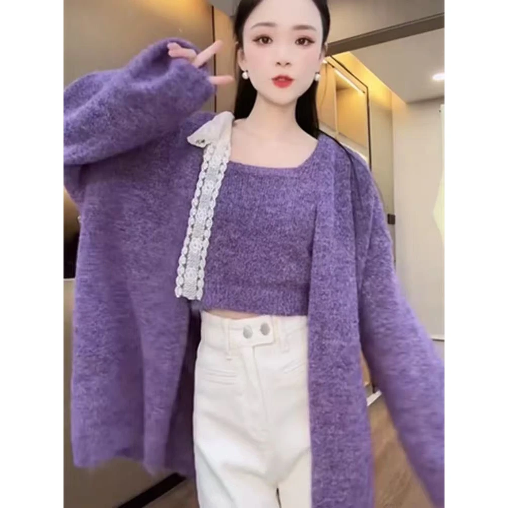 韩系温柔风中长款针织开衫吊带衫两件套女设计感蕾丝绑带毛衣套装