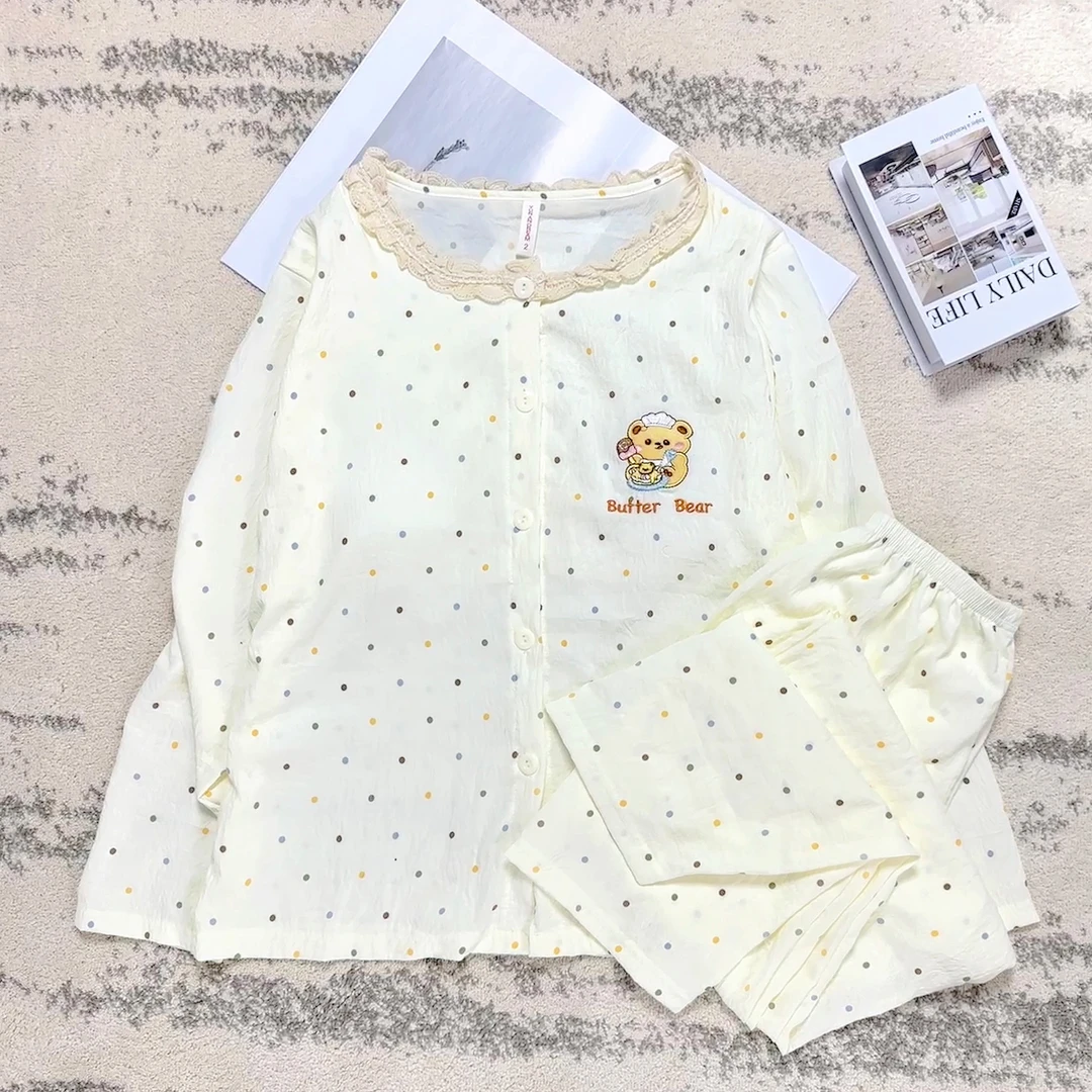 带胸垫花边小熊睡衣女款春秋夏季云朵棉长袖长裤两件套少女家居服