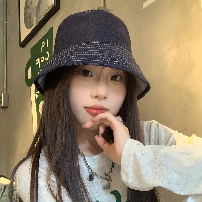牛仔渔夫帽双面可戴女防晒盆帽日系复古帽子
