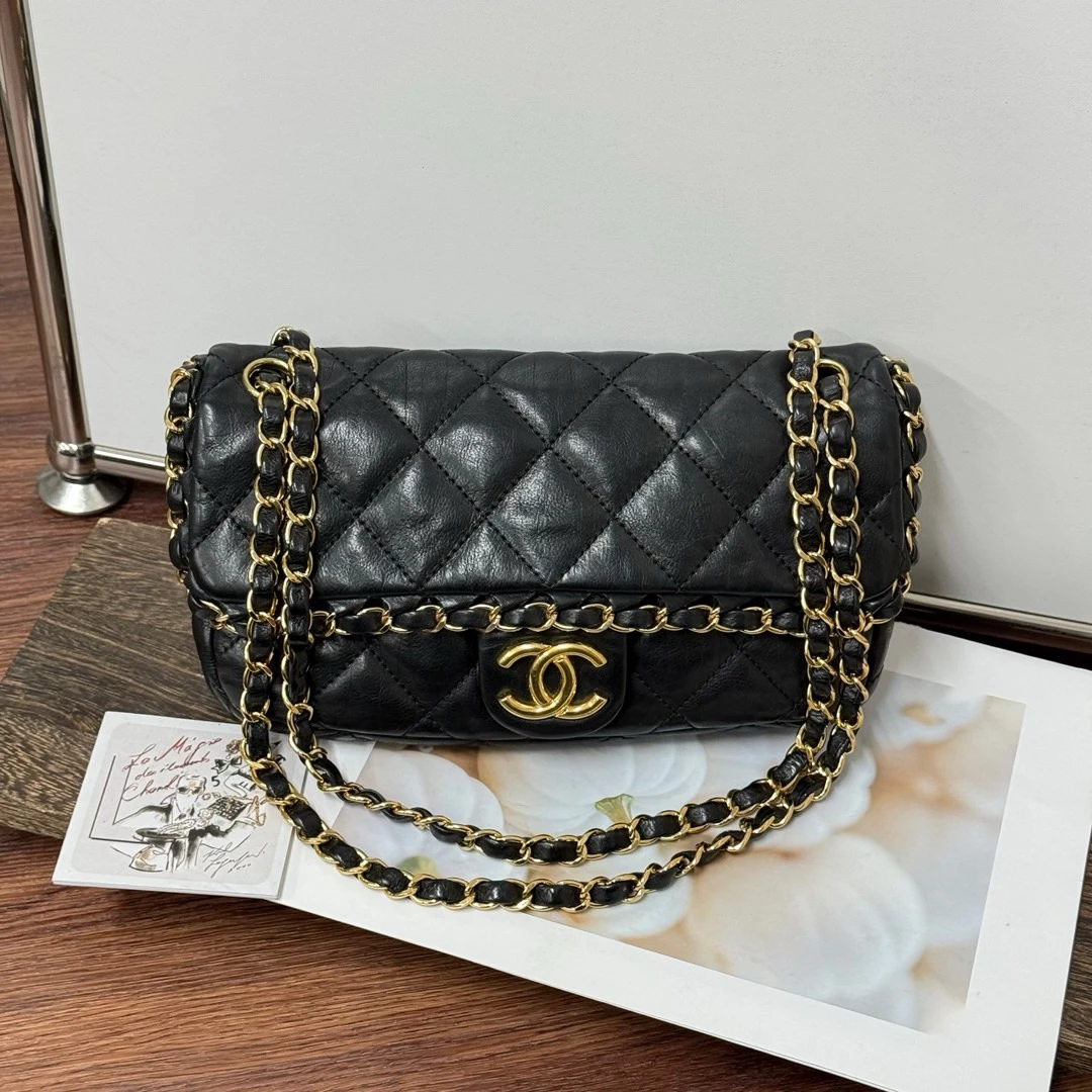 95新 Chanel/香奈儿 Chanel黑金牛皮 滚边链条cf口盖包/682933409