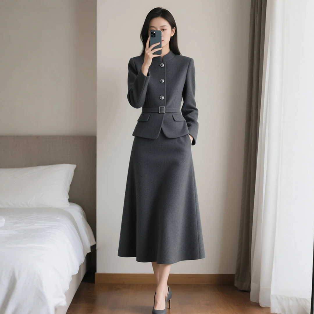 春秋装新款女装时尚法式复古毛呢两件套装半身裙子通勤法式洋气ol