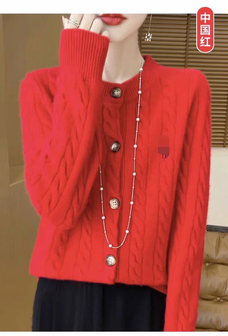 纯羊毛圆领大红刺绣开衫七针加厚宽松毛衣外搭