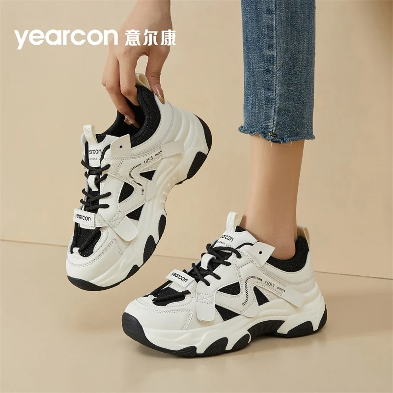 YEARCON/意尔康2025秋季欧若风浅色系网面老爹鞋透气休闲运动女鞋