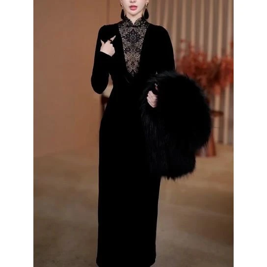 高端轻奢高级感长袖连衣裙女春秋奢华气质改良旗袍长裙广州十三行