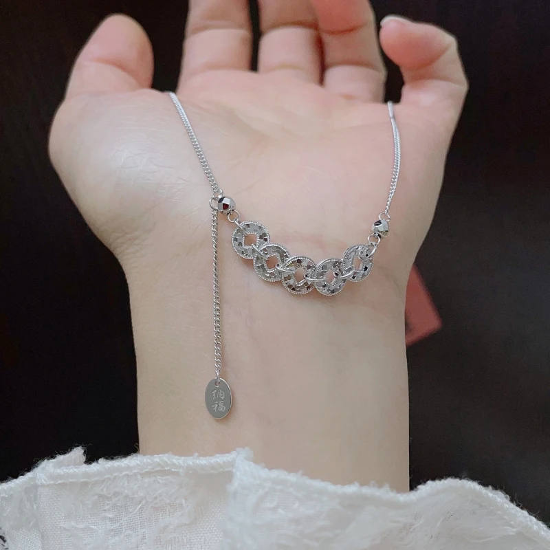 坠链均足银 足银999碎冰冰五帝钱币项链女爆闪钱币流苏锁骨链礼物