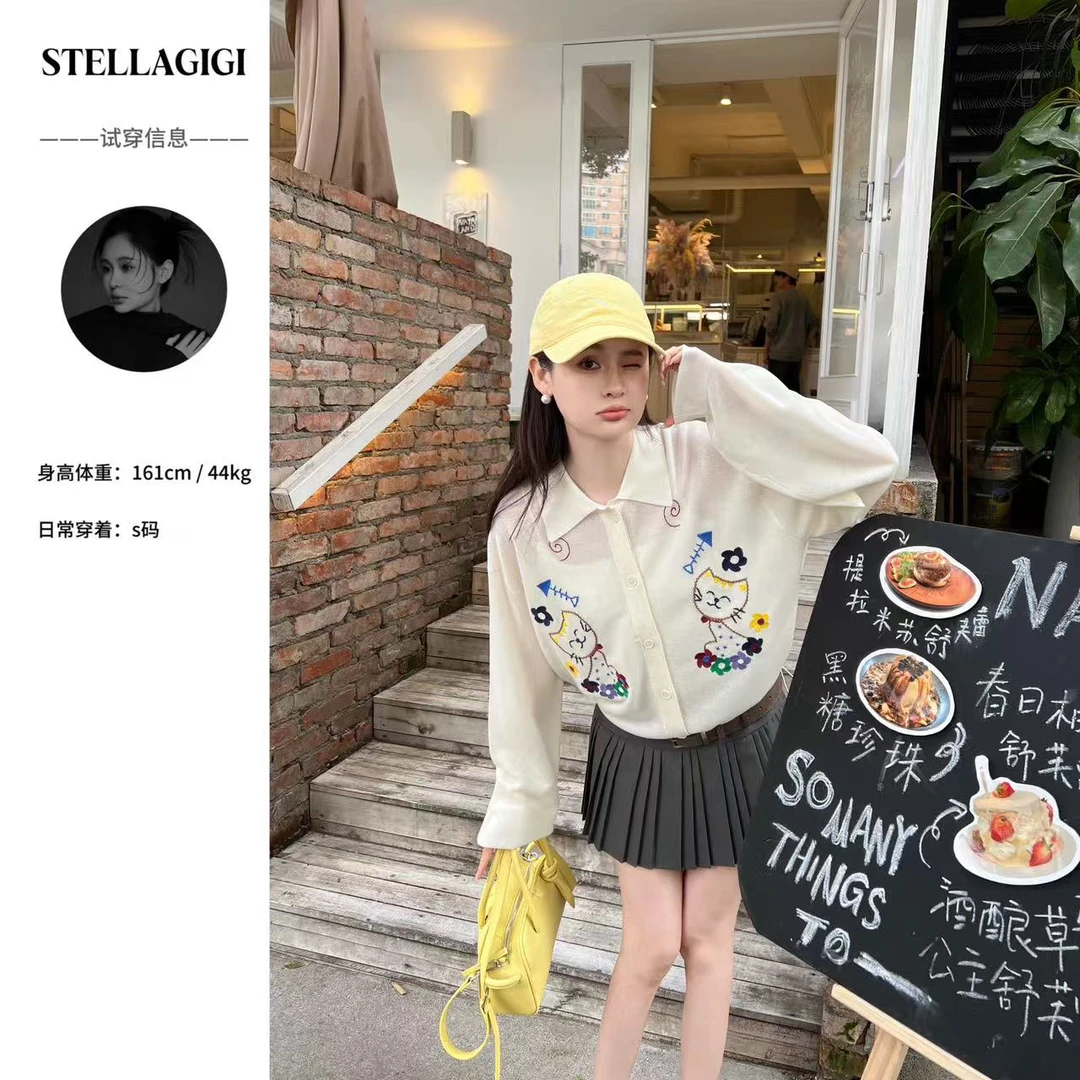 SG / 郭幂幂 SS 高定面料！猫咪花朵刺绣针织翻领开衫KS-20250205