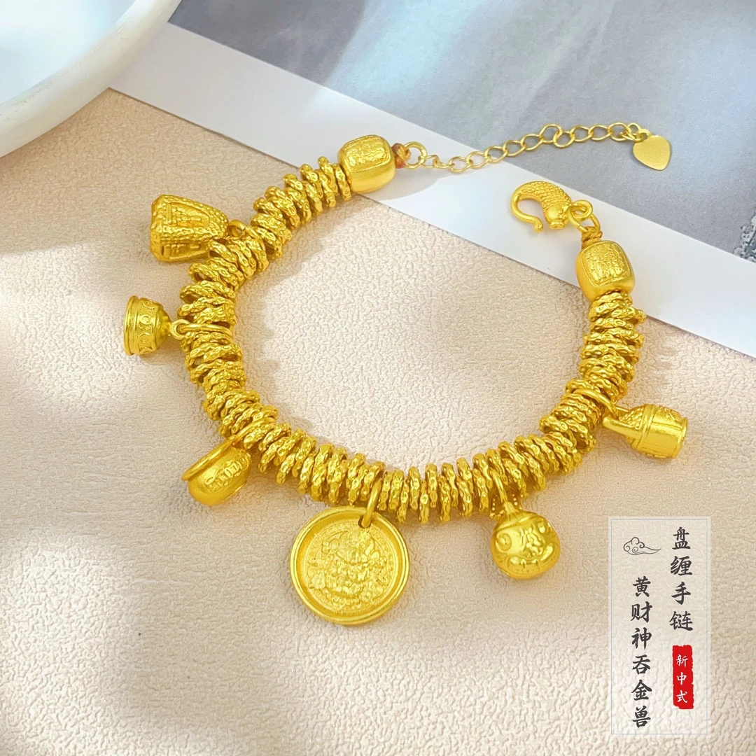 【矿金手工制作】新中式古法金色黄财神盘缠招财手链气质