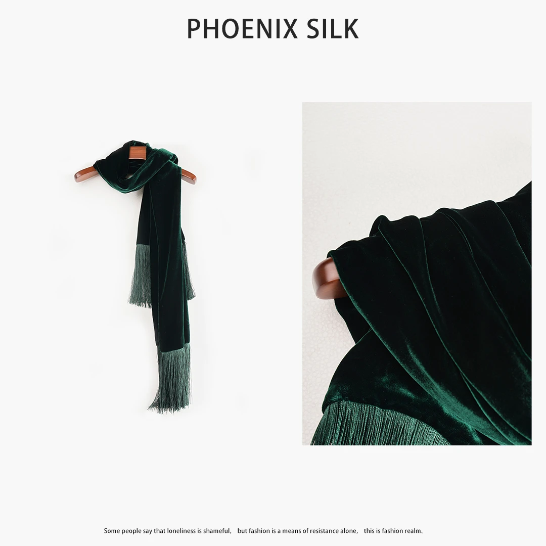 琸娅100%桑蚕丝基布绿色真丝丝绒围巾流苏简约时尚秋冬季加厚
