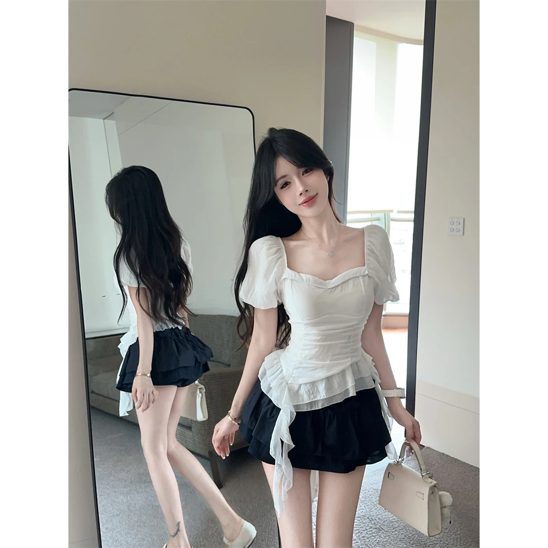 白色法式复古洋气方领泡泡袖超仙不规则显瘦飘带掐腰衬衫夏季上衣