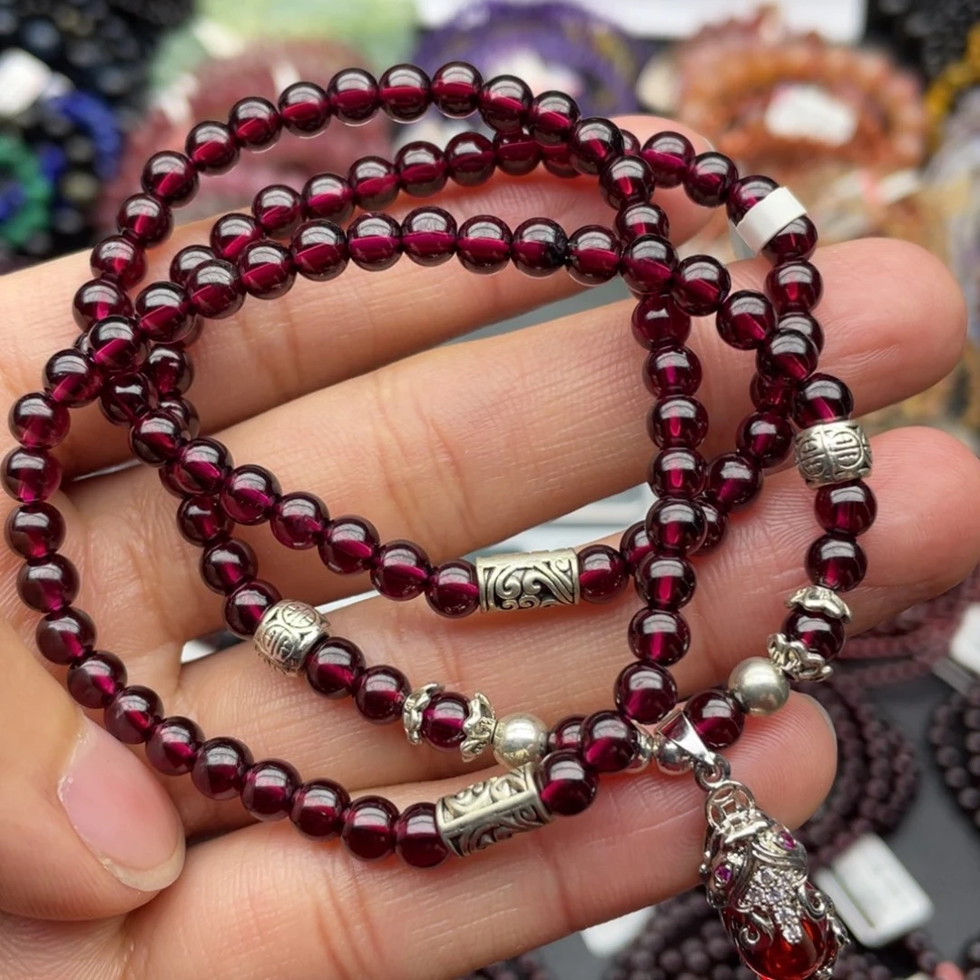 手链合金石榴石5毫米三圈老矿酒红石榴石手链
