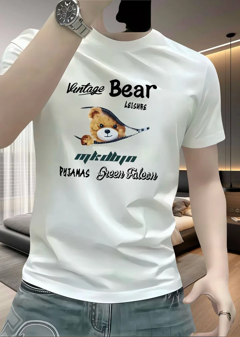 新款港风个性小众潮流熊印花修身男圆领弹力短袖百搭休闲上衣