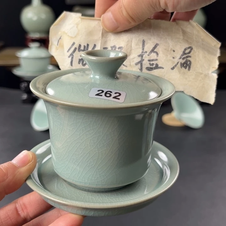 杯仿古釉汝官窑马蹄盖碗262号微瑕捡漏