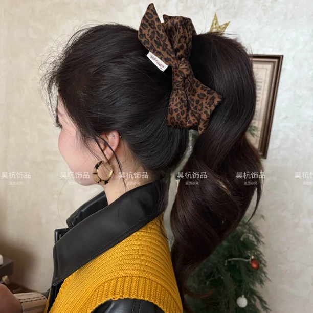 豹纹不对称蝴蝶结～香蕉夹！韩系磨毛甜酷辣妹秋冬高马尾气质发夹