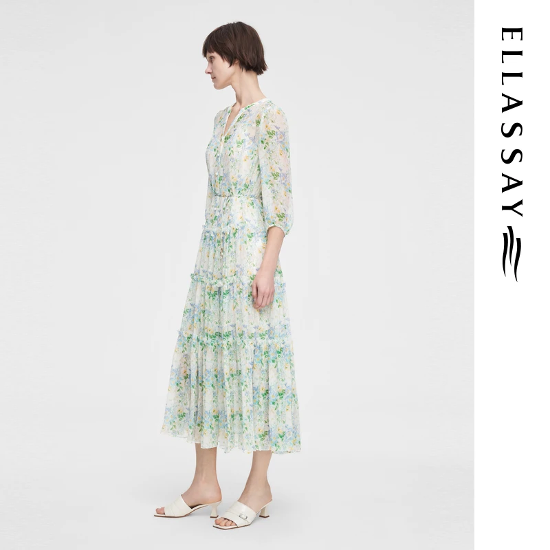 ELLASSAY歌力思春夏新莫奈花园风桑蚕丝连衣裙女EWE352Y04900