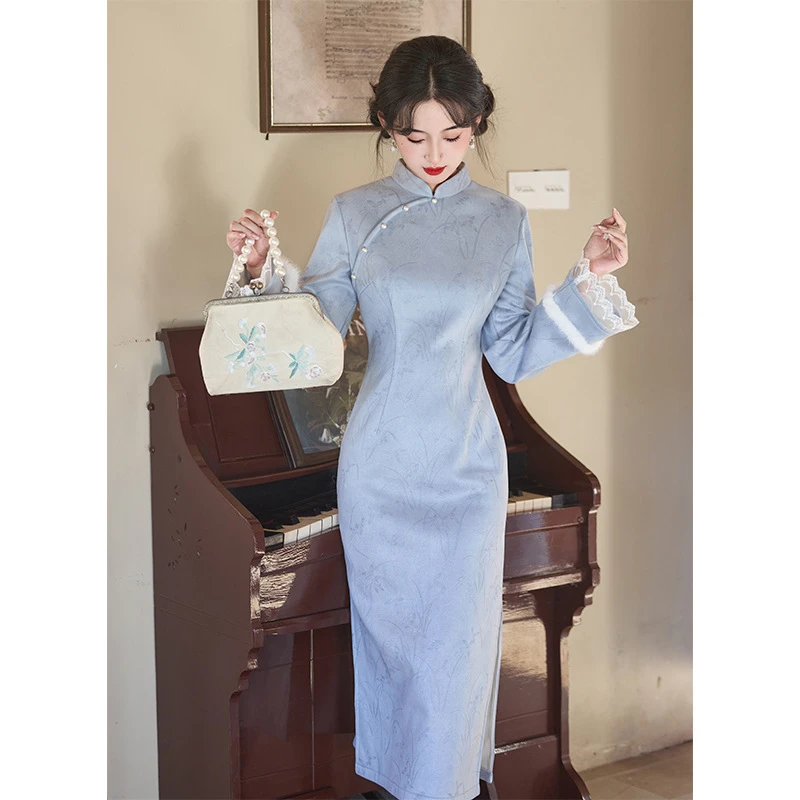 复古旗袍加厚中式蓝色加绒长袖秋冬2025新款女款民国风改良修身款