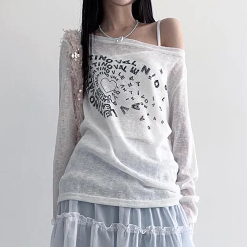 SHINING7  斜肩爱心小字母印花宽松轻薄微透长袖罩衫