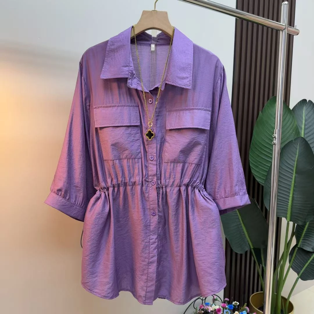 91508-时尚气质显瘦遮肉减龄百搭收腰韩版宽松轻奢名媛女人衫