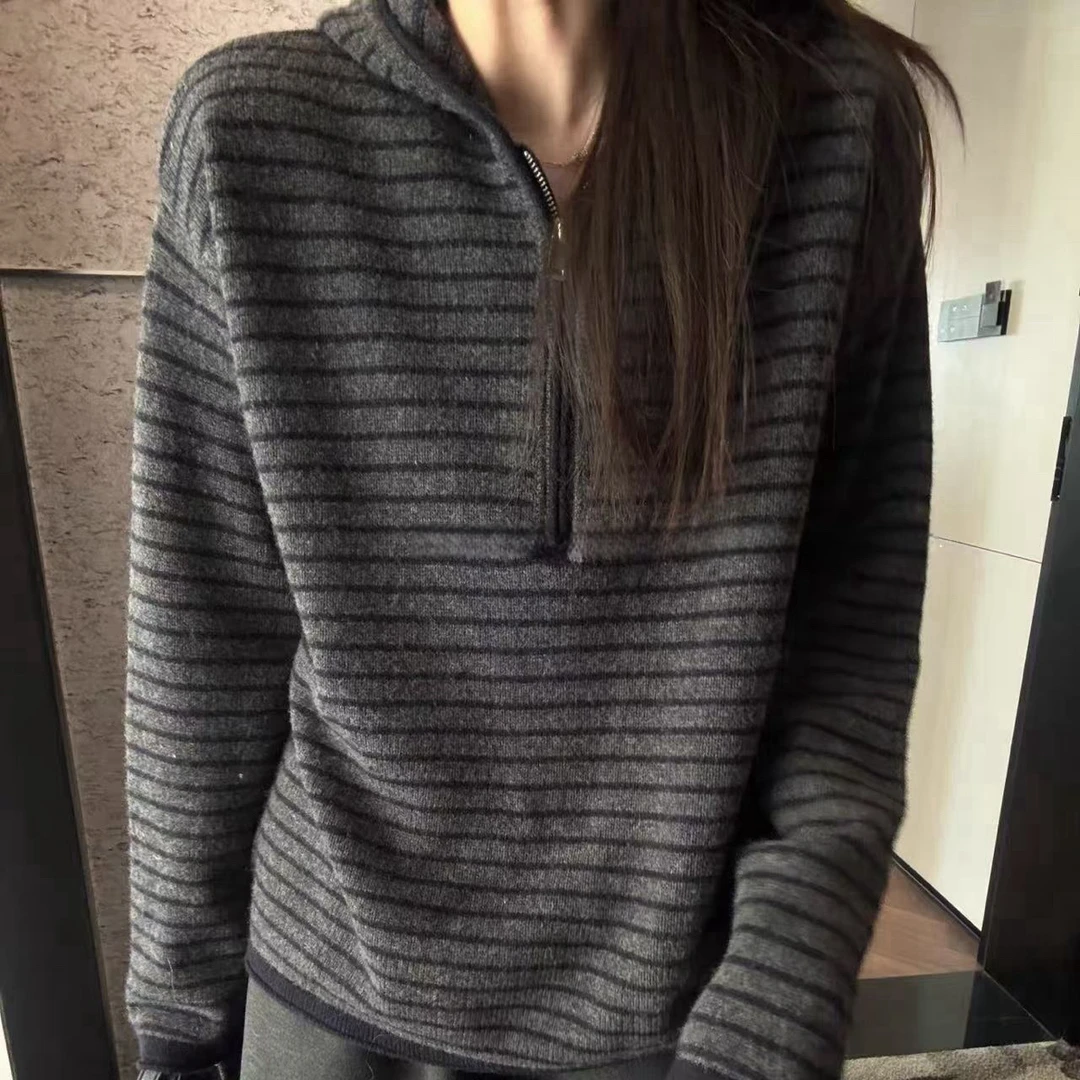 撞色条纹连帽针织衫女欧洲站2025冬装新款欧货女装时尚毛衣潮7684