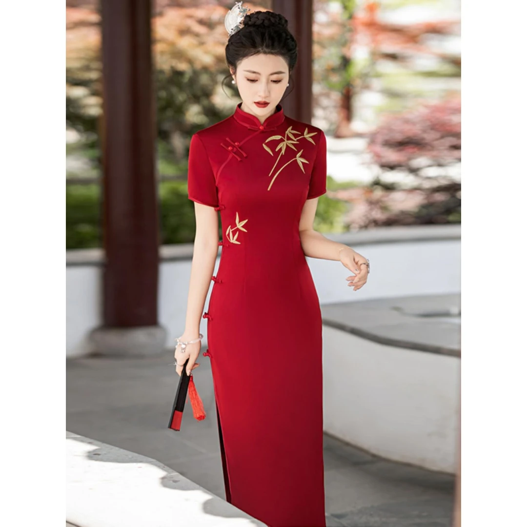 红色高端醋酸刺绣旗袍长款婚宴敬酒中国风妈妈夏季礼服连衣裙送考