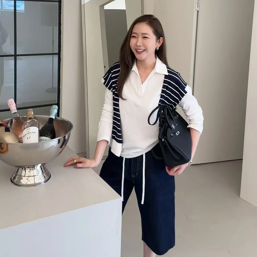 widelia陈魅儿2025秋冬新款 百搭条纹披肩+长袖上衣两件套 801625