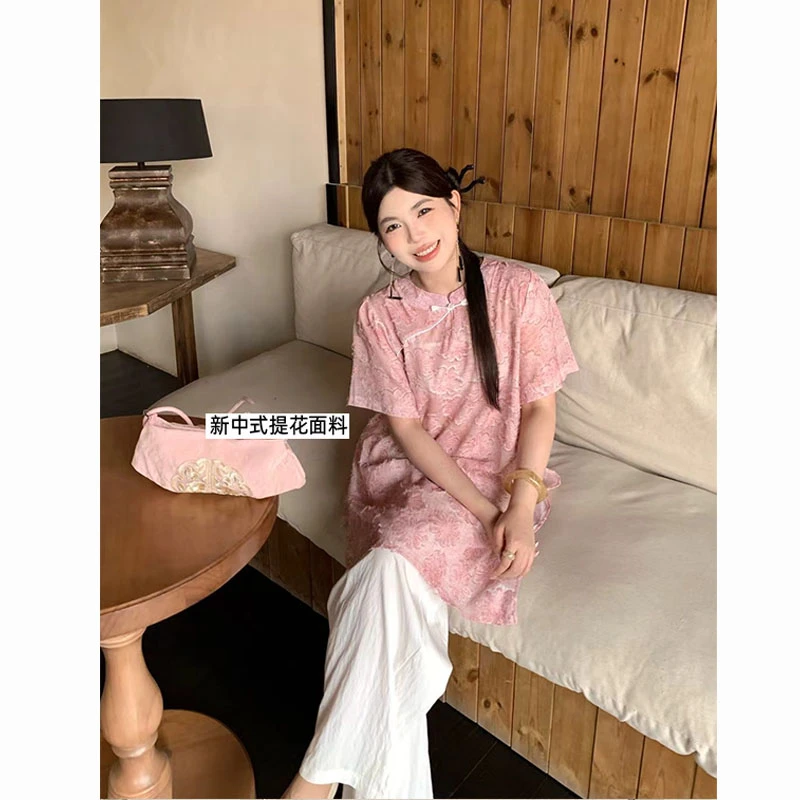 阿球【满花待放新中式】夏季新款显瘦套装旗袍短袖大码上衣清凉透气