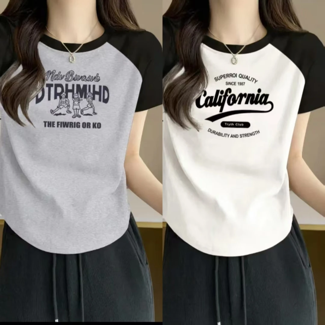 印花插肩袖短袖T恤时尚恤衫合集百搭短款圆领时尚夏装ins夏季