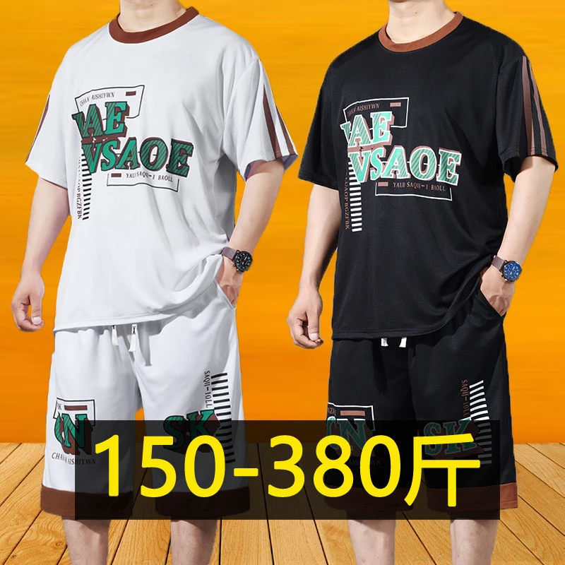 350斤特大码短袖t恤男士潮流运动套装加肥加大胖子休闲短裤两件套