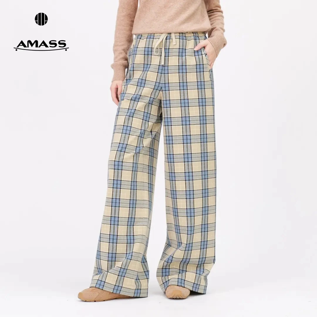 阿玛施AMASS秋冬服饰经典格纹复古时尚磨毛高腰抽绳阔腿裤5100552