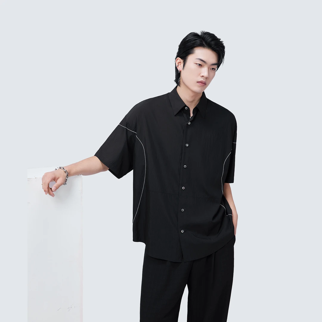 HERBEL/黑白2025夏季短袖衬衫外套休闲潮流日系衬衫舒适户外多色