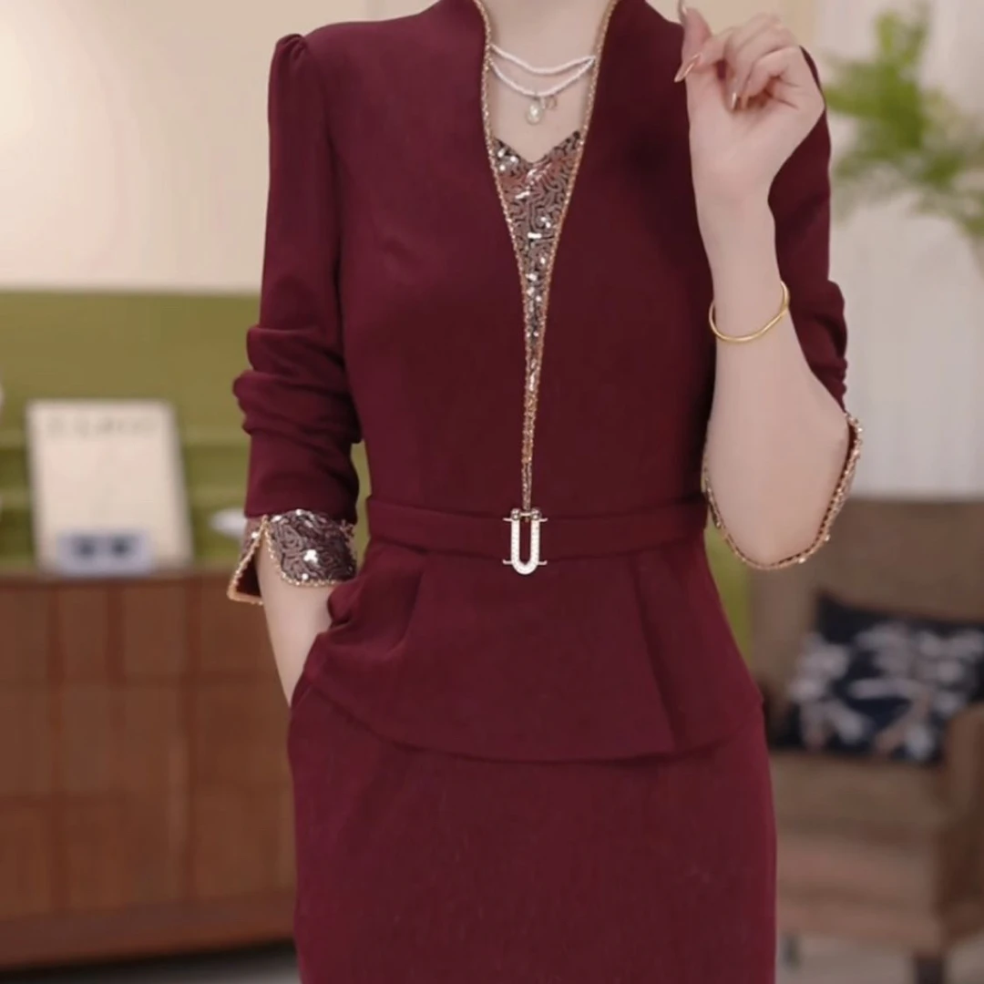 高级斜纹精纺气质婚宴奢华礼服裙2025新款女装秋季假俩件修身裙子