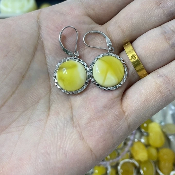 蜜蜡裸石银S925镶嵌耳扣