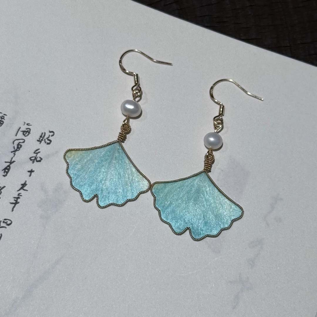 湖水蓝银杏叶耳饰 非遗绒花手工技艺国风耳饰饰品