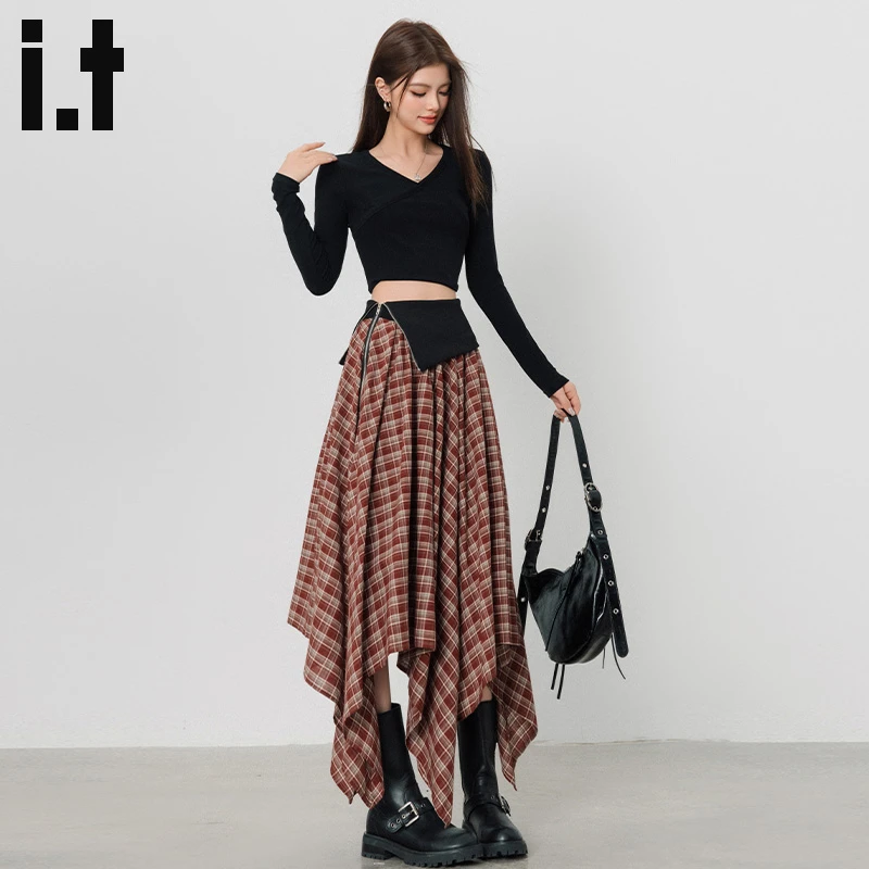 it:CHOCOOLATE设计感拉链拼接格子半裙女秋季高腰不规则a字中长裙